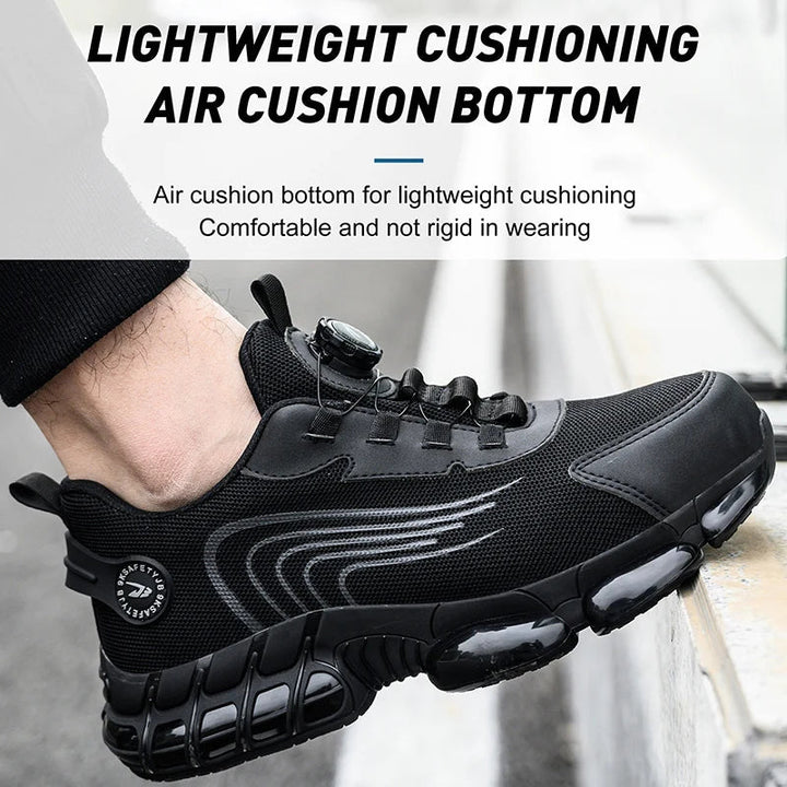 Durable men's black safety shoes with protective toe and anti-slip sole for industrial job site work.