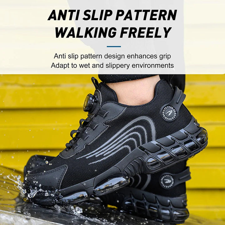 Comfortable men's gray air-cushioned work shoes, designed for all-day wear and labor on the job site.