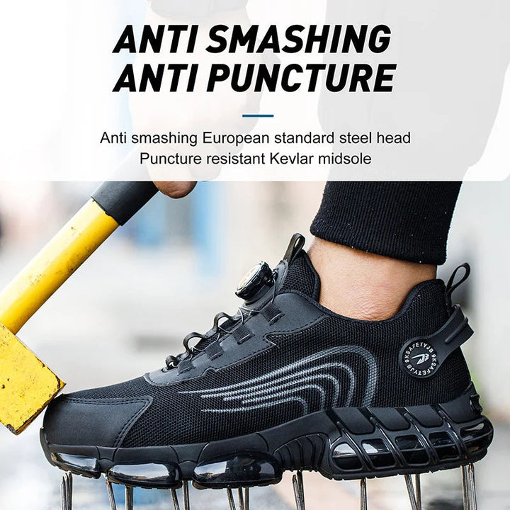 Lace-up men's gray protective work shoes, offering secure grip, anti-slip sole, and durable comfort.