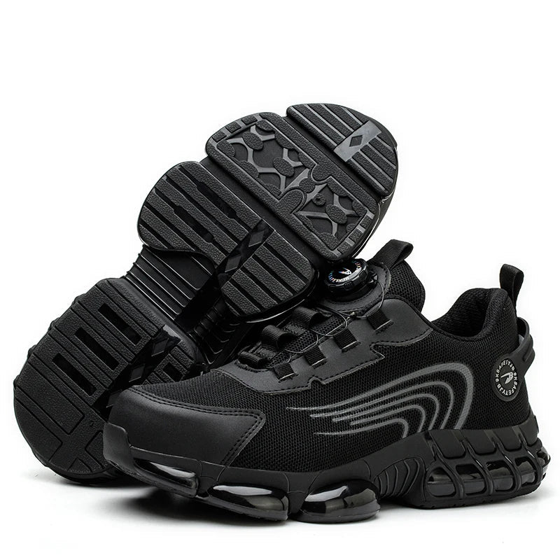 New men's protective black work shoes featuring sturdy construction and comfortable design for labor.