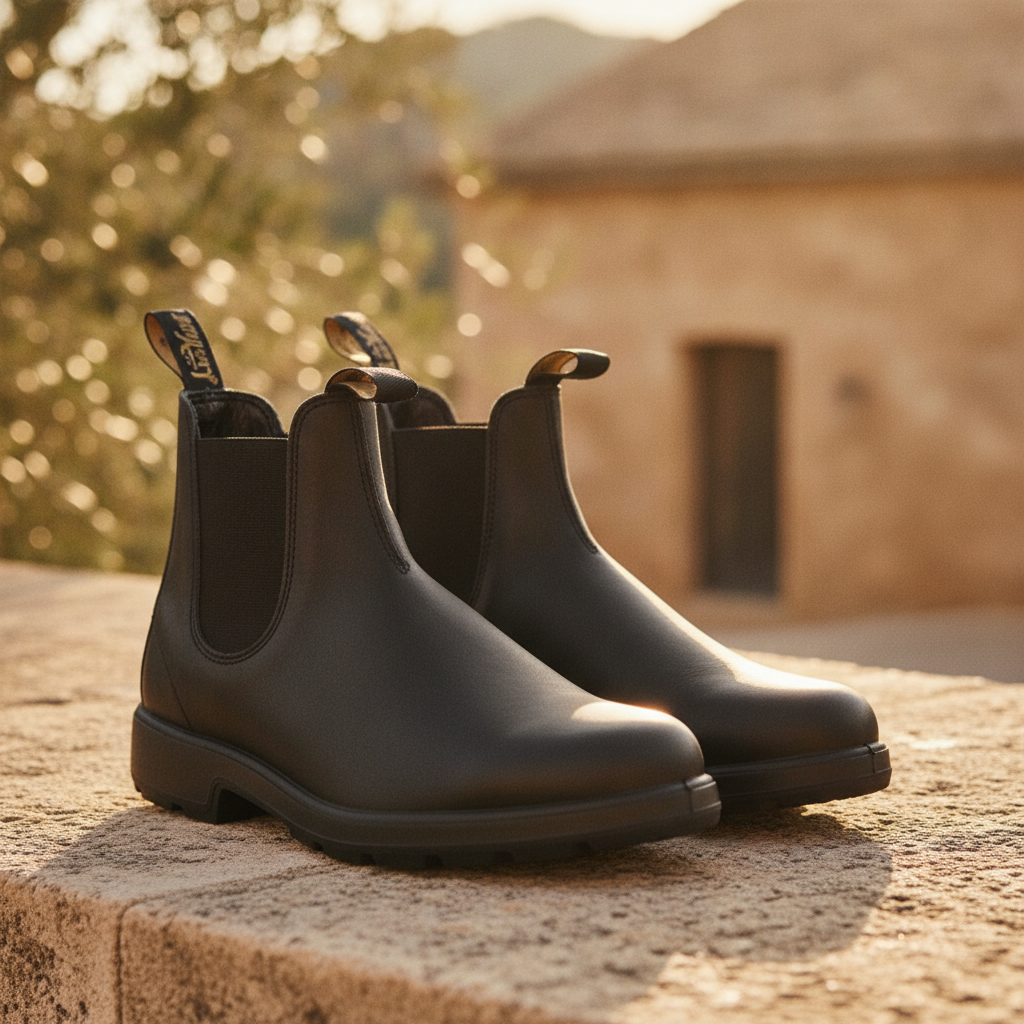 Men's black ruched Chelsea boots, smart casual ankle footwear with elastic sides for everyday outdoor style.