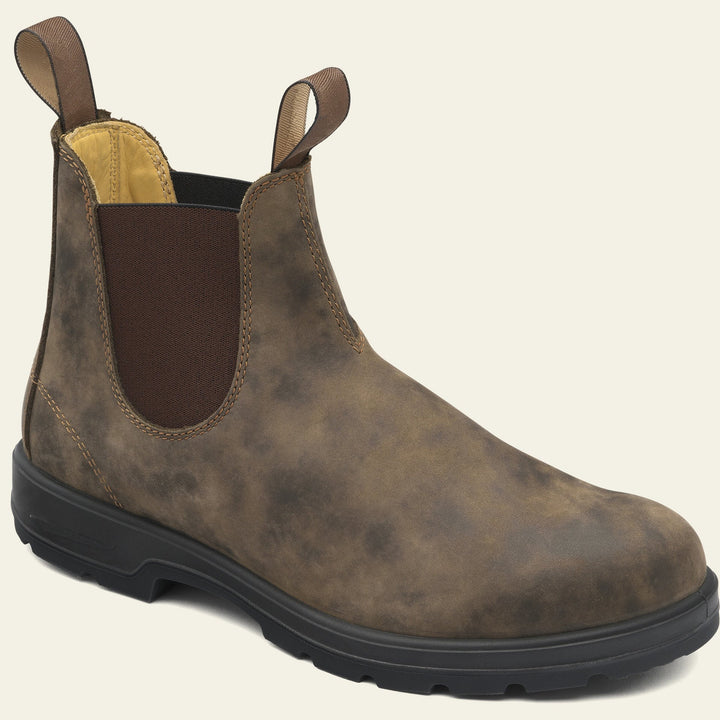 Grey men's ruched Chelsea boots featuring elastic sides, comfortable pull-on ankle boots for all-season wear.