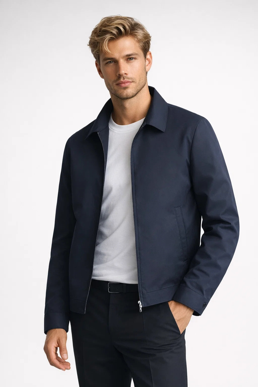 Dark blue men's slim fit zip jacket, a smart casual fashion essential. Versatile transitional outerwear for men.