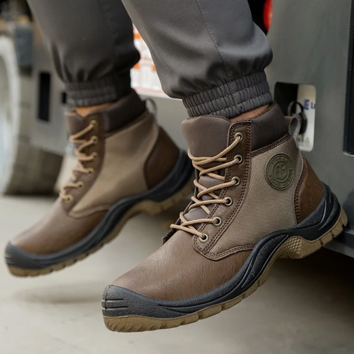 Men's black steel toe safety boots with orthopedic support for industrial work comfort and foot protection.