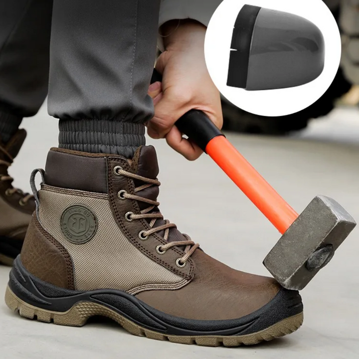 Durable men's steel toe work boots offering all-day comfort and slip resistance for construction sites.