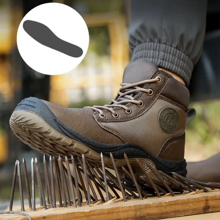 Orthopedic safety boots for men, featuring steel toe protection and arch support for heavy duty jobs.