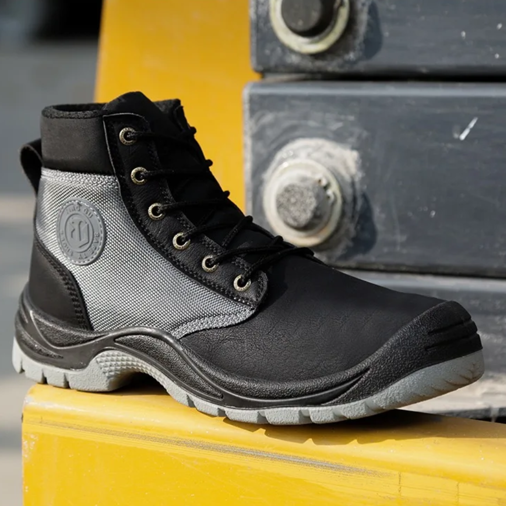 Heavy-duty men's work shoes with steel toe, slip-resistant sole, and orthopedic arch support for safety.