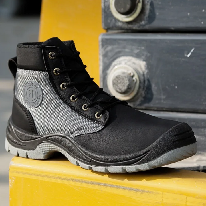 Heavy-duty men's work shoes with steel toe, slip-resistant sole, and orthopedic arch support for safety.