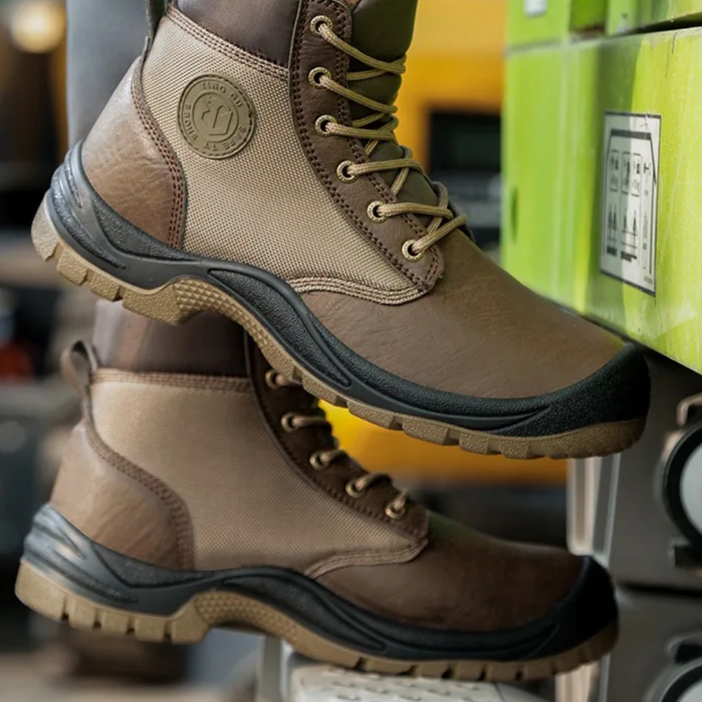Rugged men's construction boots with steel toe safety, all-day comfort, and durable design for work.