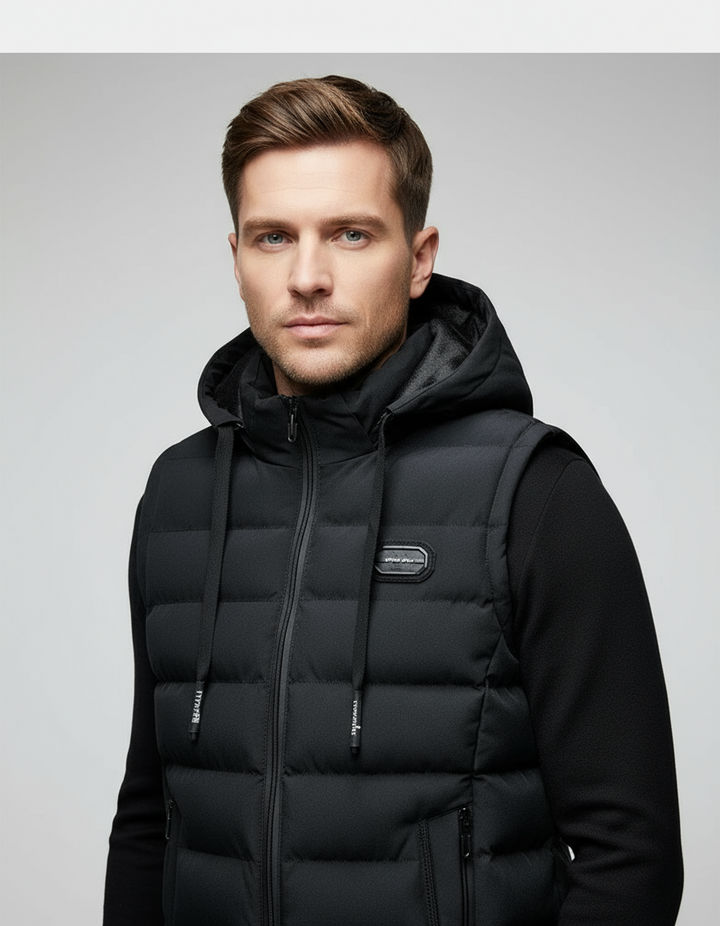 Men's black thermal insulated vest, lightweight body warmer for cold weather layering & outdoor activities.