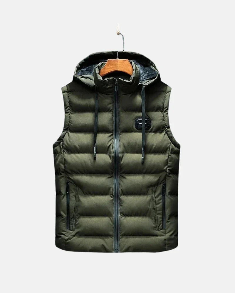 Light gray men's thermal vest, a warm insulated body warmer for winter layering & cold weather outdoor wear.