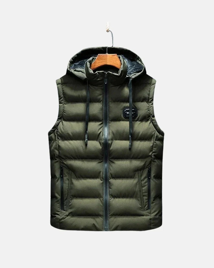 Light gray men's thermal vest, a warm insulated body warmer for winter layering & cold weather outdoor wear.