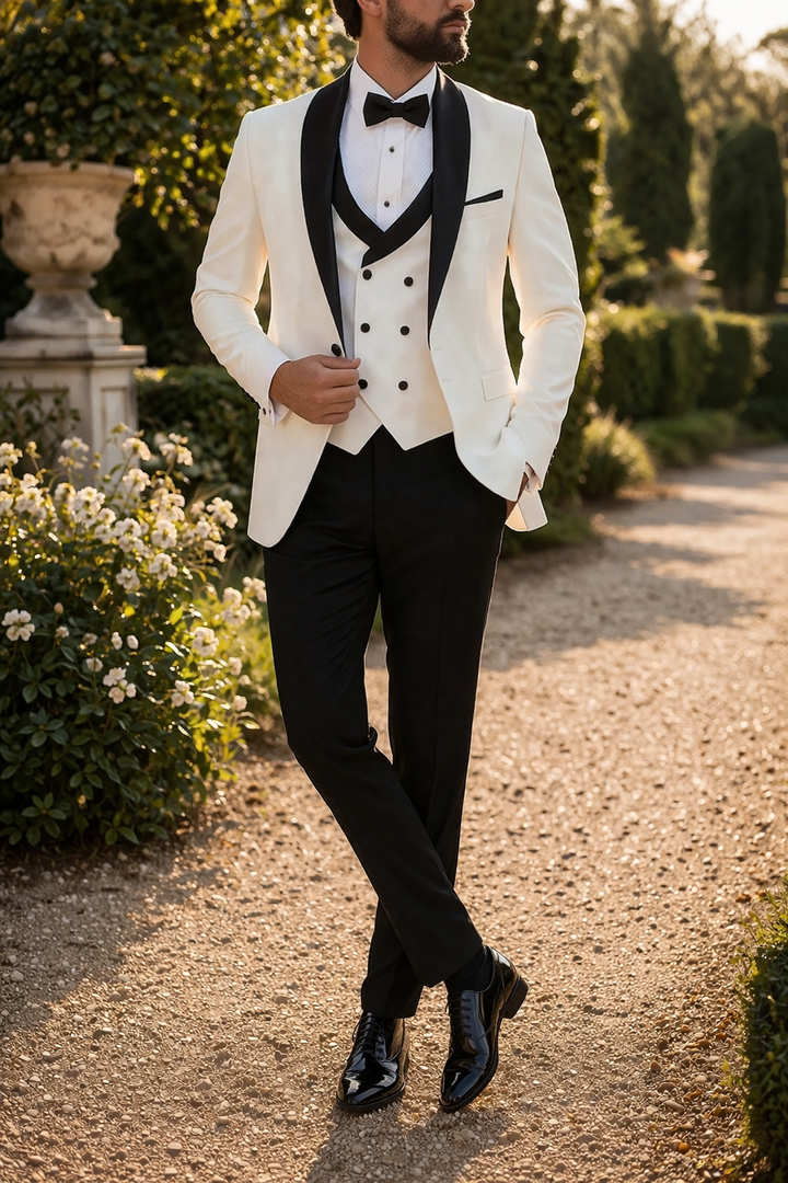 Men's black three-piece tuxedo suit with a sophisticated shawl lapel, perfect for formal weddings & black tie events.