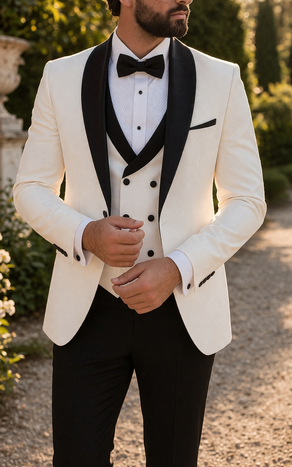 Tailored men's three-piece formal tuxedo suit with a shawl lapel, great for special occasion formalwear & elegant events.