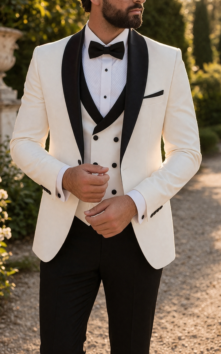 Tailored men's three-piece formal tuxedo suit with a shawl lapel, great for special occasion formalwear & elegant events.