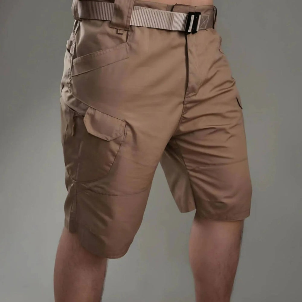 Men's black utility cargo shorts with multi-pockets, perfect for adventure wear & casual comfort.