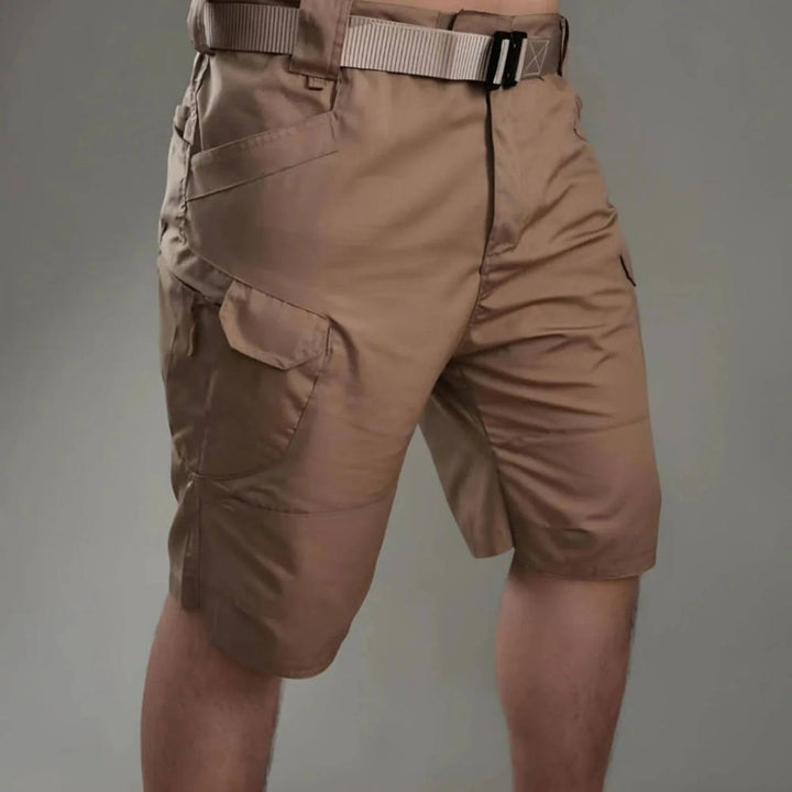 Men's black utility cargo shorts with multi-pockets, perfect for adventure wear & casual comfort.
