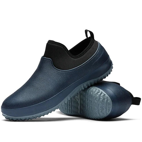 Comfortable men's waterproof slip-on shoes, designed for long hours of work with a supportive, non-slip sole.