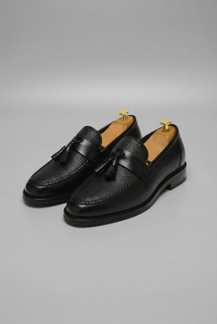Men's black woven tassel slip-on loafers, perfect for smart formal & office wear.