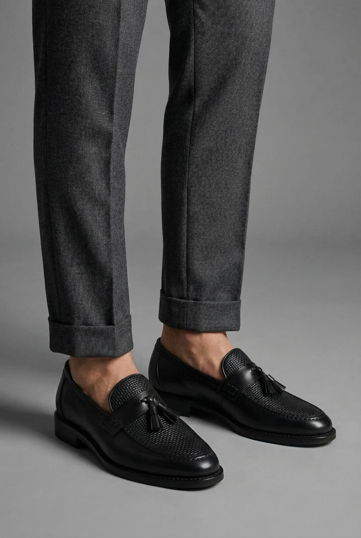 Classic men's tassel loafers in a woven design, great for business & formal events.