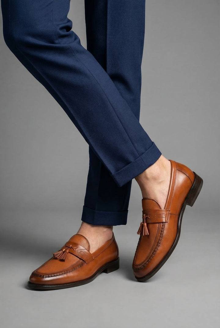 Versatile men's smart casual loafers, slip-on style with woven detail and tassels.