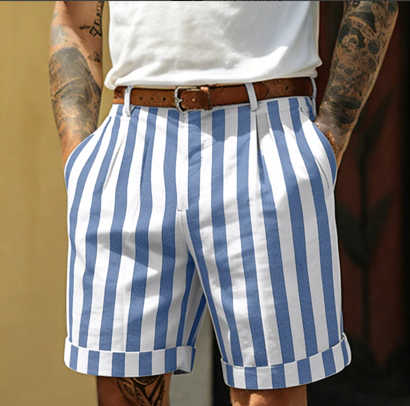 Men's blue coastal stripe shorts. Perfect for summer fashion, casual wear & relaxed fit. Versatile warm weather style.