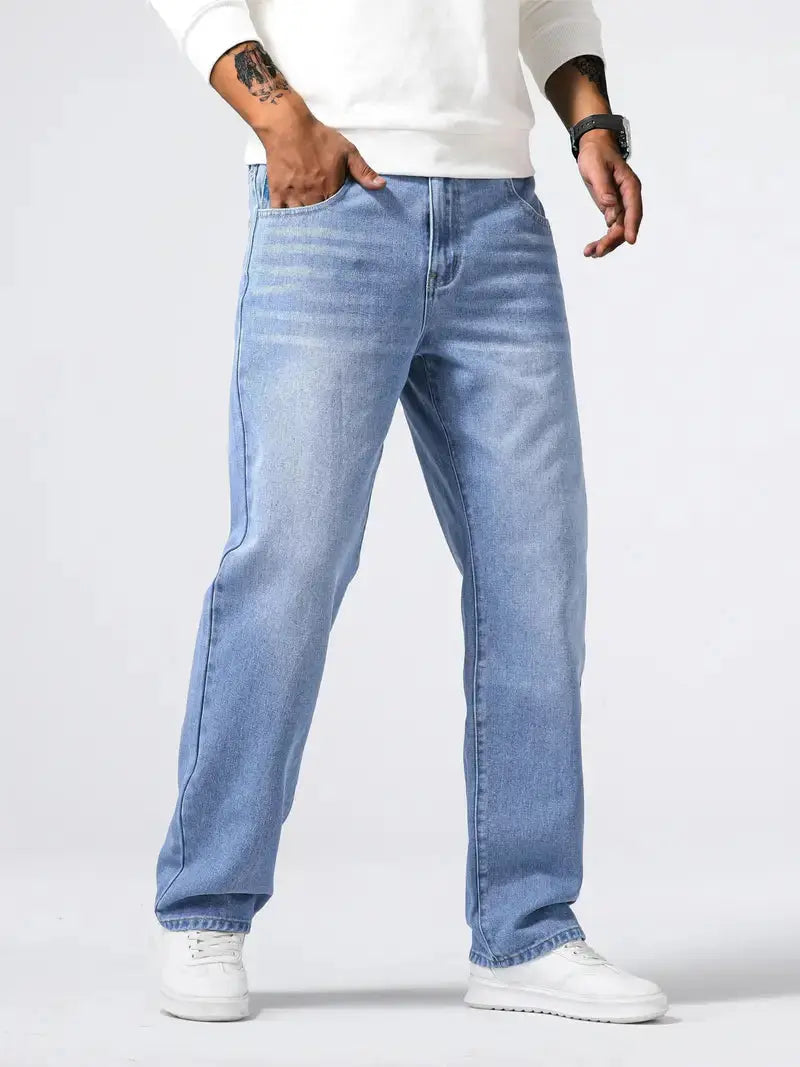 Men's blue stretch jeans for ultimate comfort & flexible everyday wear. Modern fit denim.