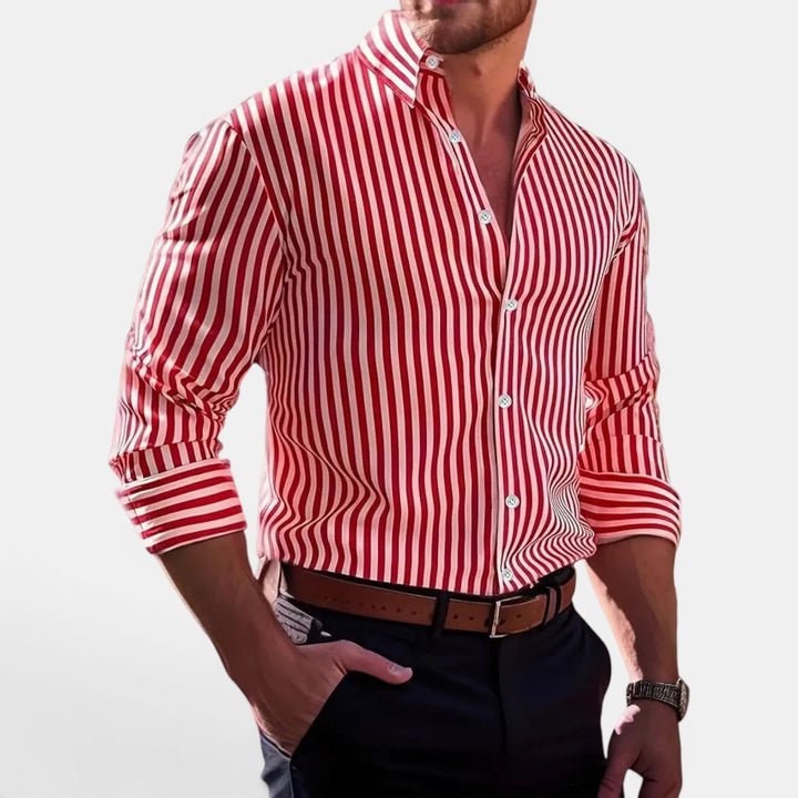 Stylish men's striped button down shirt, perfect for smart casual summer fashion.