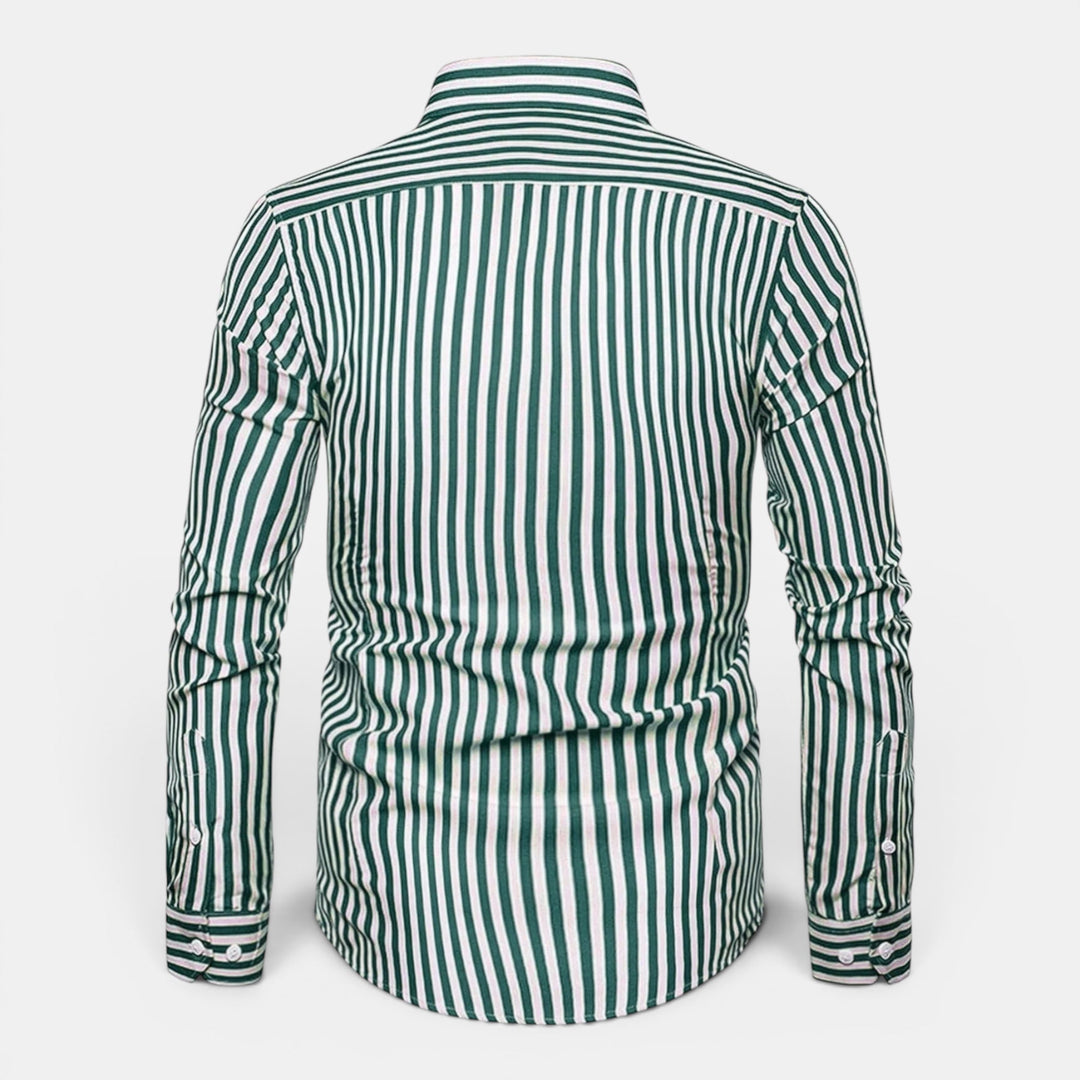 Fashionable men's striped long sleeve button down shirt for summer versatility.