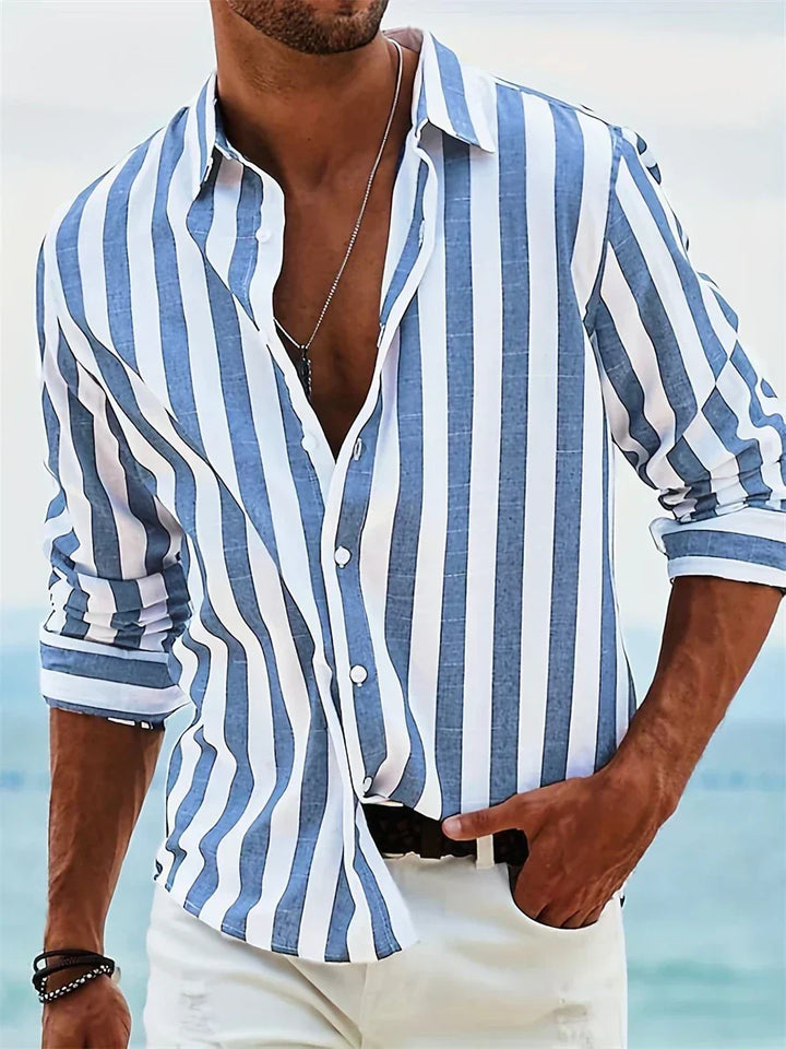 Men's blue & white striped relaxed fit summer shirt, perfect for beachwear & warm weather vacations.