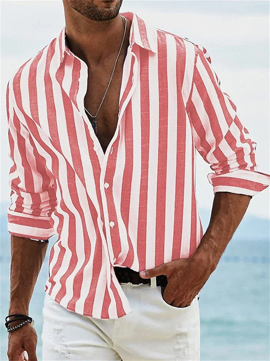 Stylish men's striped summer shirt with a relaxed fit, great for warm weather, comfort & vacation.