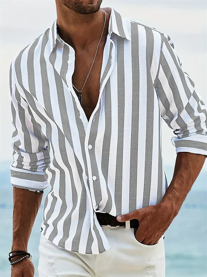 Fashionable men's striped relaxed fit summer shirt for a casual, comfortable look on vacation or the beach.
