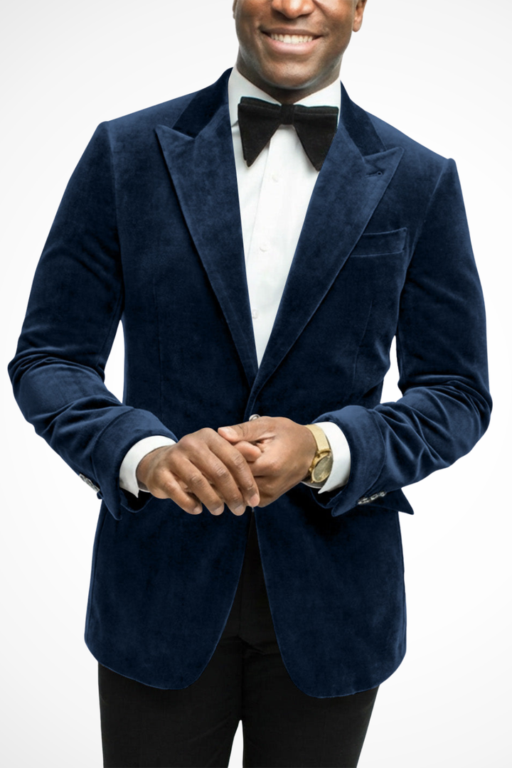 Men's navy blue Jasper peak lapel tailored fit blazer for formal events & wedding guests.