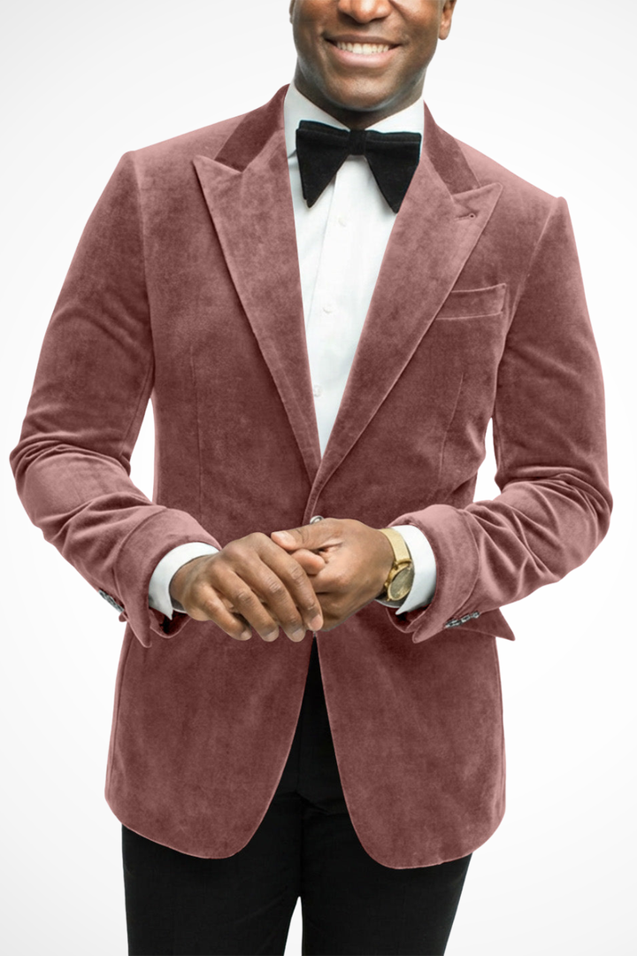 Crisp white men's tailored blazer with peak lapel, perfect for special occasion event wear.