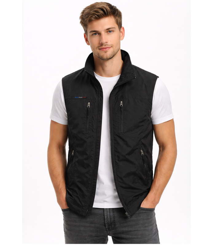 Men's Bodywarmer Vest, Zip Front, Stand Collar, perfect for outdoor layering and travel.