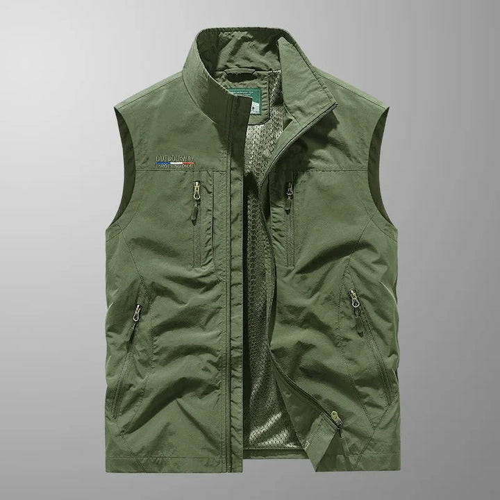 Classic men's bodywarmer, zip front, stand collar, comfortable outdoor sleeveless jacket.