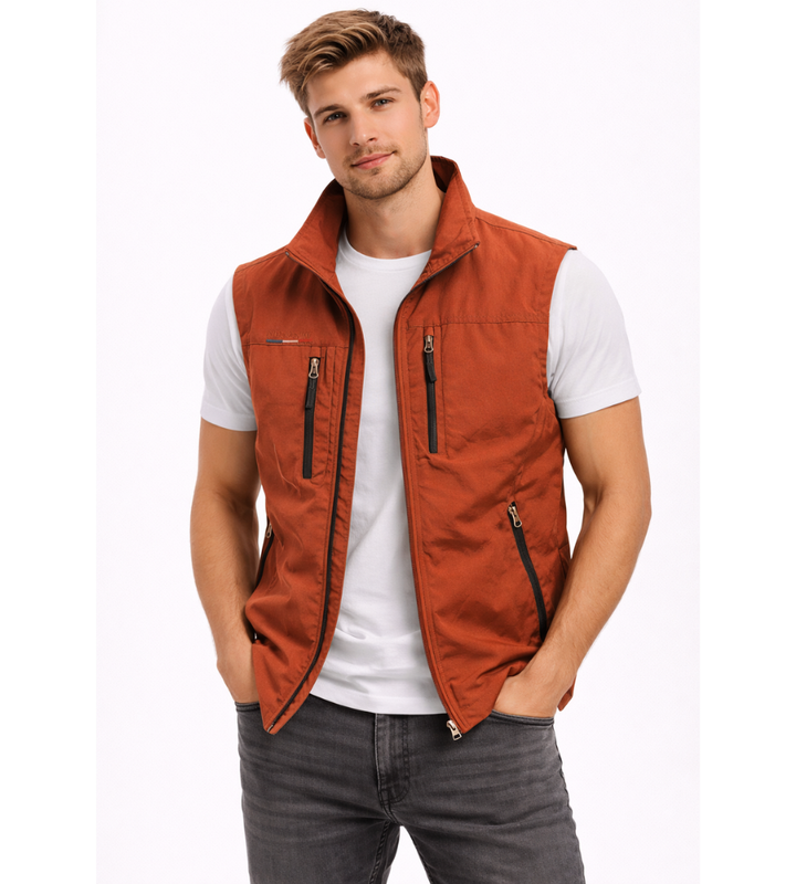 Warm men's outdoor vest, lightweight bodywarmer with practical zip front & stand collar.
