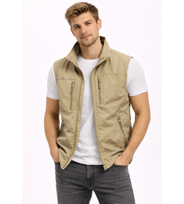 Sleek men's sleeveless jacket, stand collar, full zip, great for travel and layering.