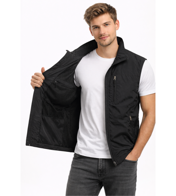 Men's zip front bodywarmer, stand collar outdoor vest, essential for active men.