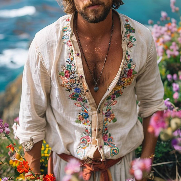 Men's bohemian grandad collar shirt, perfect for summer fashion, resort wear & holiday outfits.