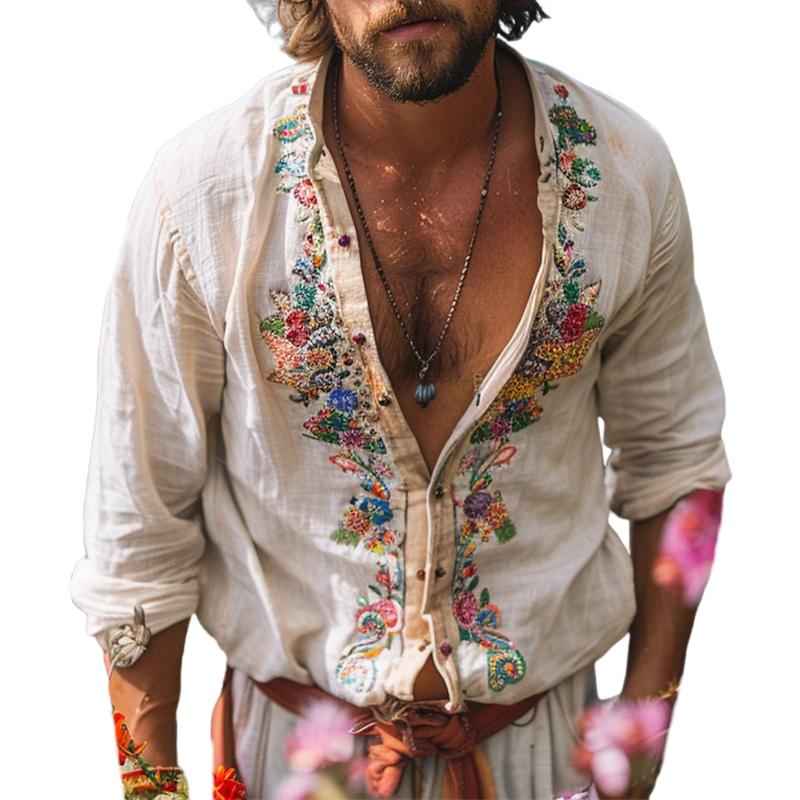 Relaxed fit men's bohemian grandad collar shirt. Effortless lightweight summer style & comfort.