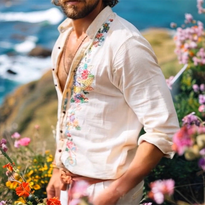 Versatile men's lightweight bohemian long sleeve grandad collar shirt for casual summer resort wear.