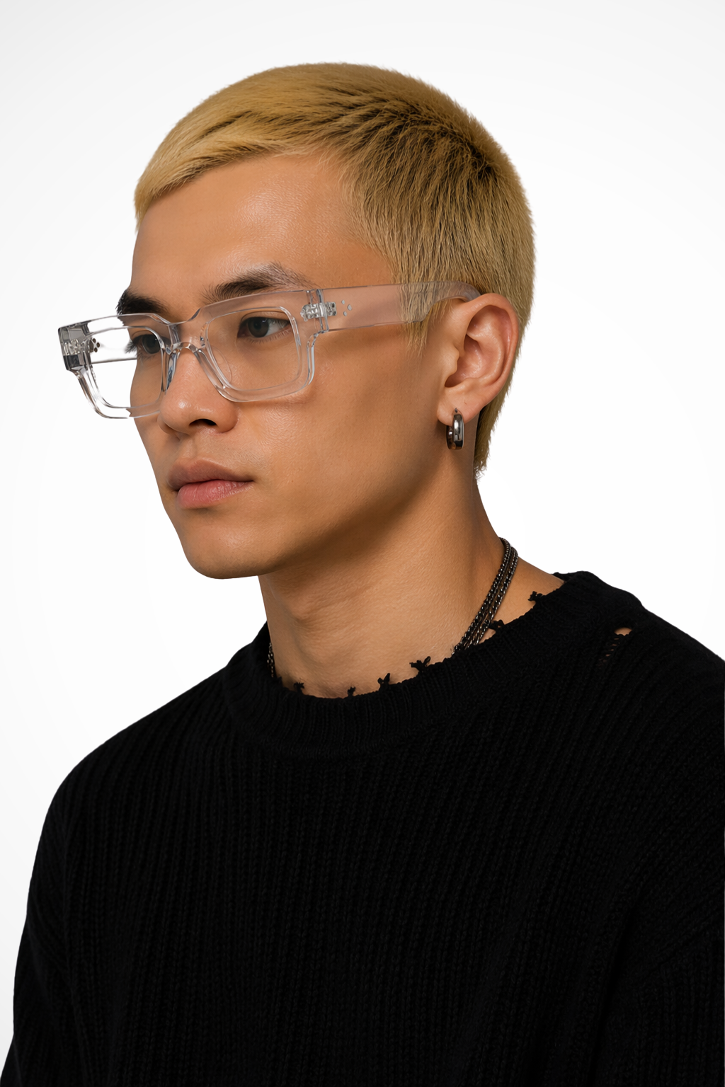 Close-up of men's bold rectangle tinted sunglasses, highlighting the modern frame and lenses.