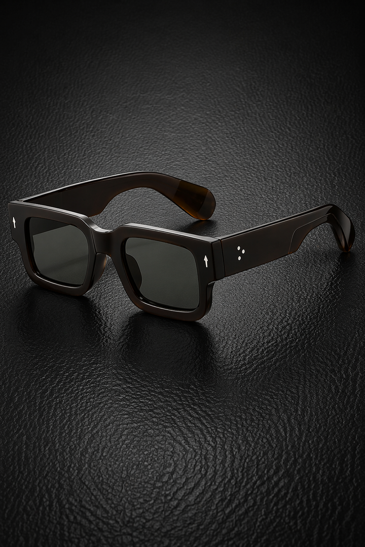 Sleek men's bold rectangle shades with tinted lenses, embodying modern street style fashion.