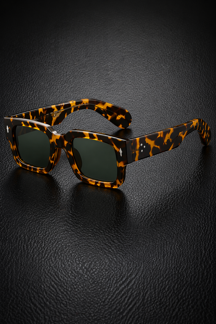 Contemporary men's bold rectangle tinted sunglasses, versatile for urban street style fashion.