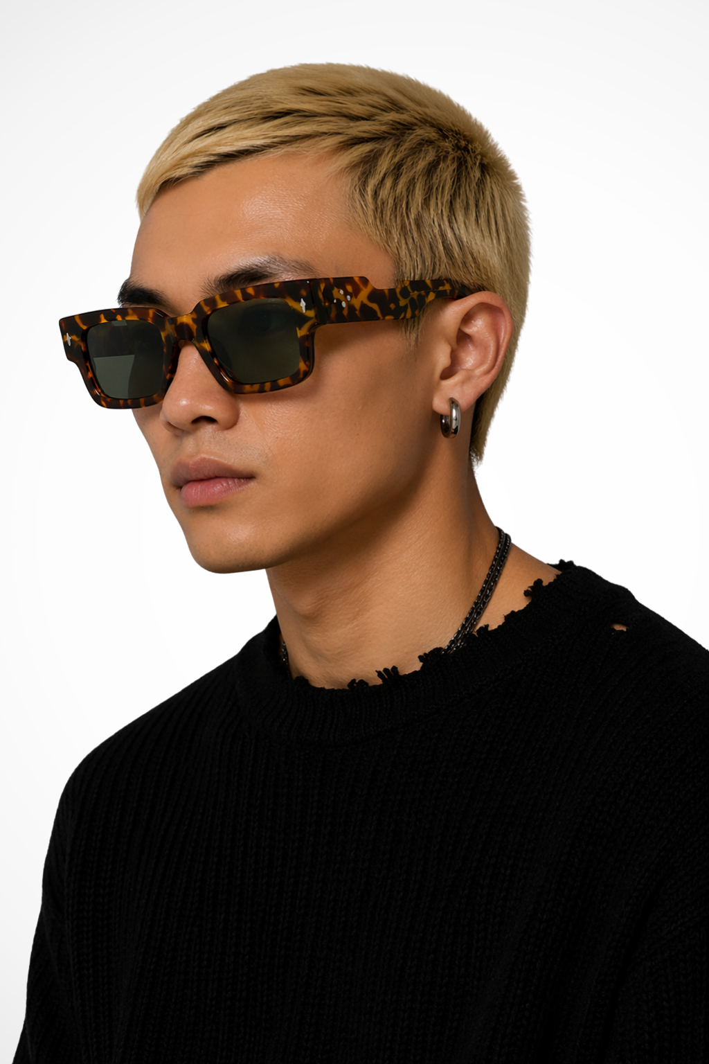 Statement men's bold rectangle tinted sunglasses, a modern street style fashion accessory.