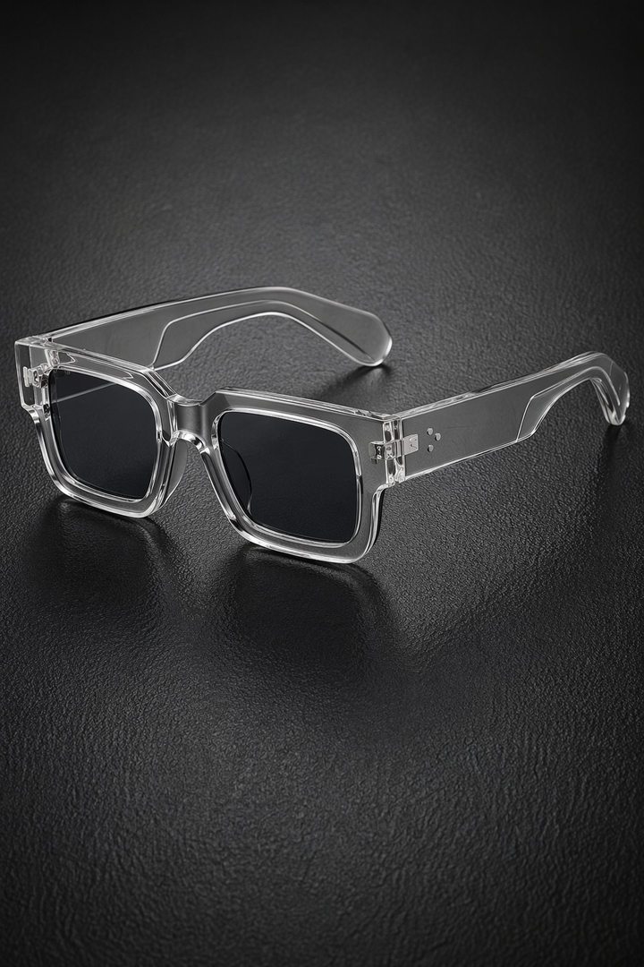 Stylish men's rectangle shades with bold frames and tinted lenses, versatile street style accessory.