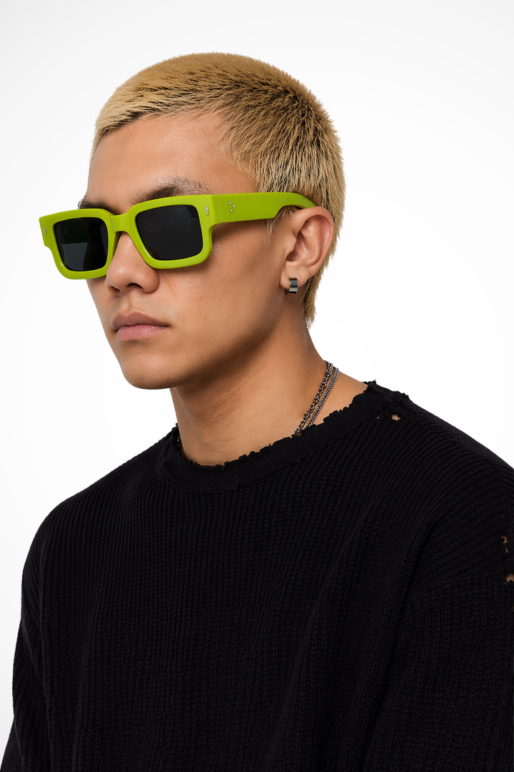 Fashion-forward men's tinted rectangle sunglasses, ideal for a modern street style look.