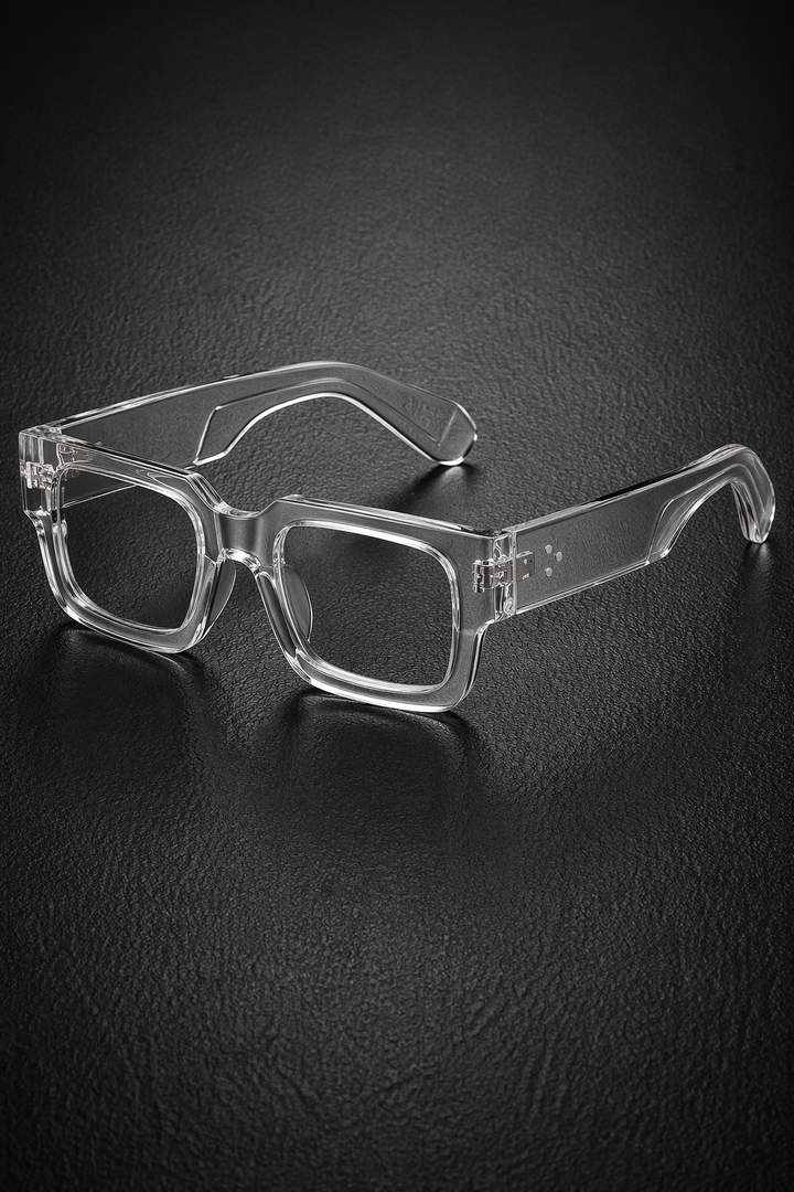 Man wearing bold rectangle tinted sunglasses, showcasing modern street style fashion eyewear.