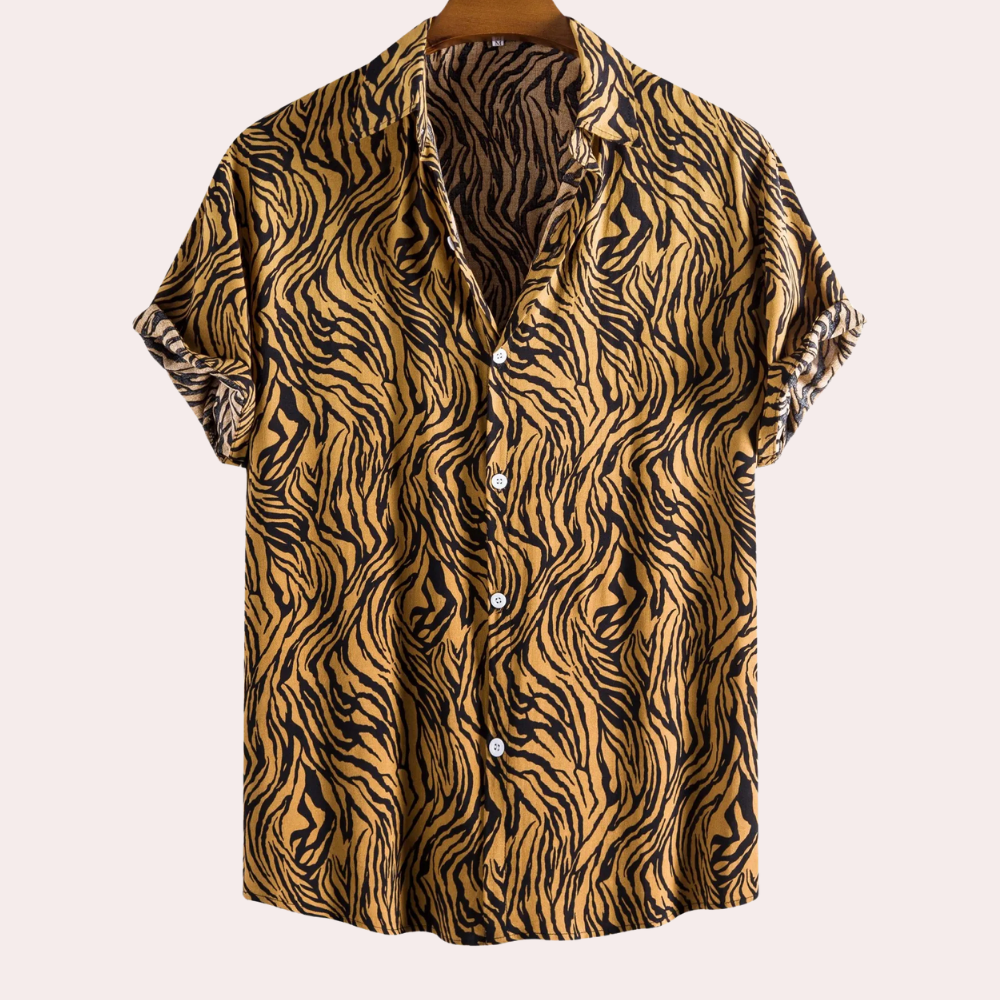 Men's bold yellow tiger print short sleeve shirt, relaxed fit. Perfect for casual summer fashion and statement style.